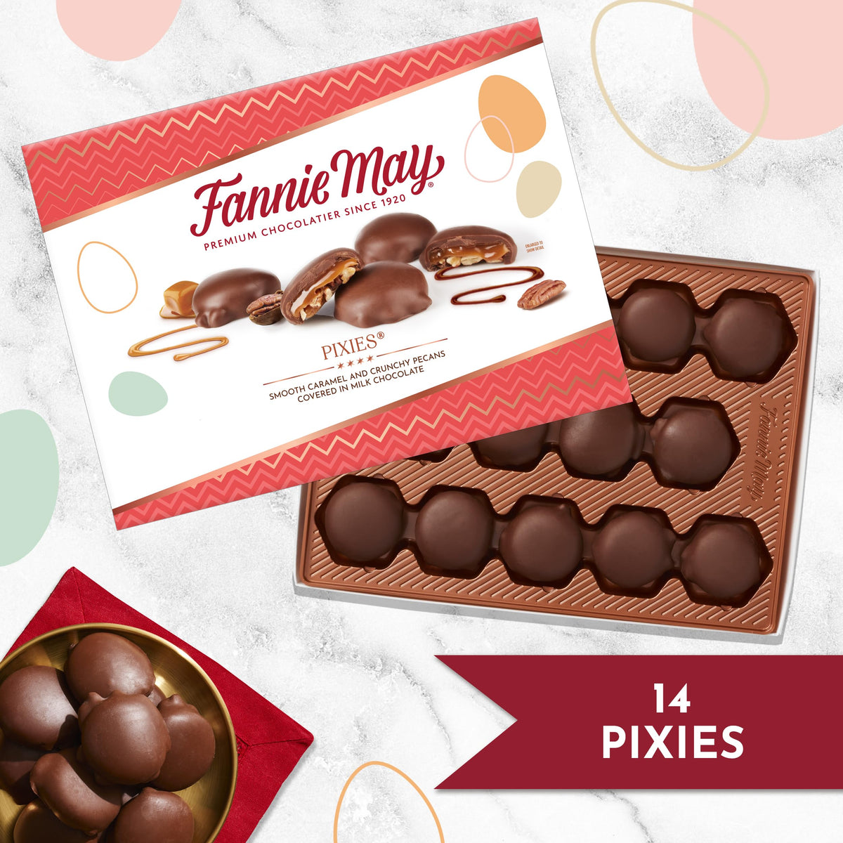 Fannie May Mini Pixies hand-poured caramel detail, premium bite.
