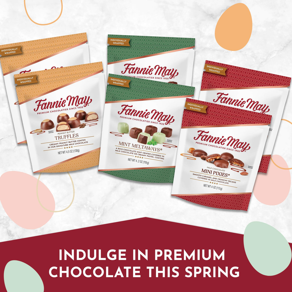 Fannie May Mint Meltaways bag features mint centers and chocolate coating for refreshing, luxurious bite.