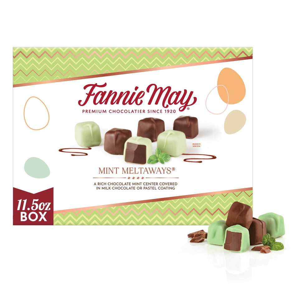 Fannie May Mint Meltaways eleven-point-five-ounce gift box, premium mint chocolate treats for gifting