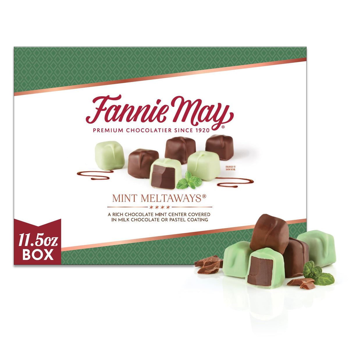 Fannie May Mint Meltaways gift box with mint centers ideal for sharing