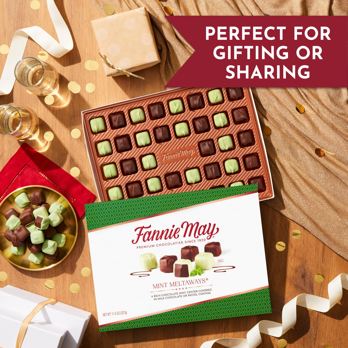 Fannie May Mint Meltaways gift-ready packaging for celebrations