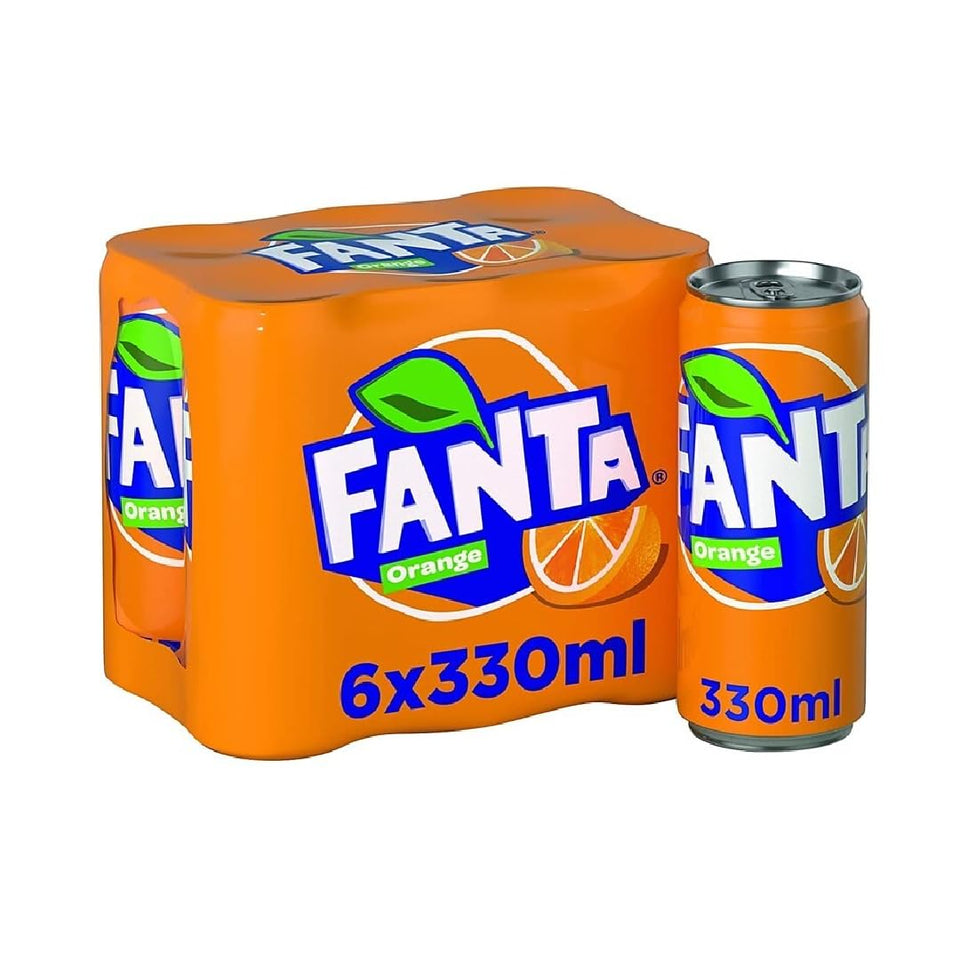 Fanta Orange six-pack 330ml cans ideal for sharing at gatherings.