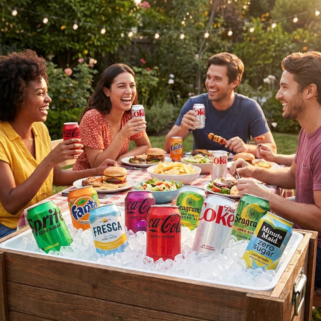 Fanta Orange Zero Sugar cans in bright display for citrus flavor fans