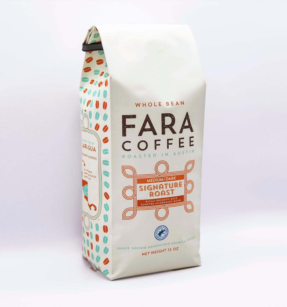 Fara Coffee Signature Roast bag label highlighting certification