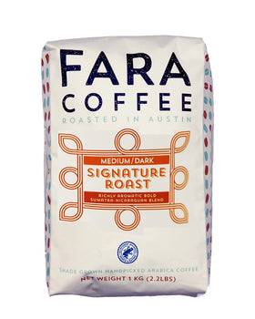 Fara Coffee Signature Roast whole bean bag ready for grinding and a fresh cup.