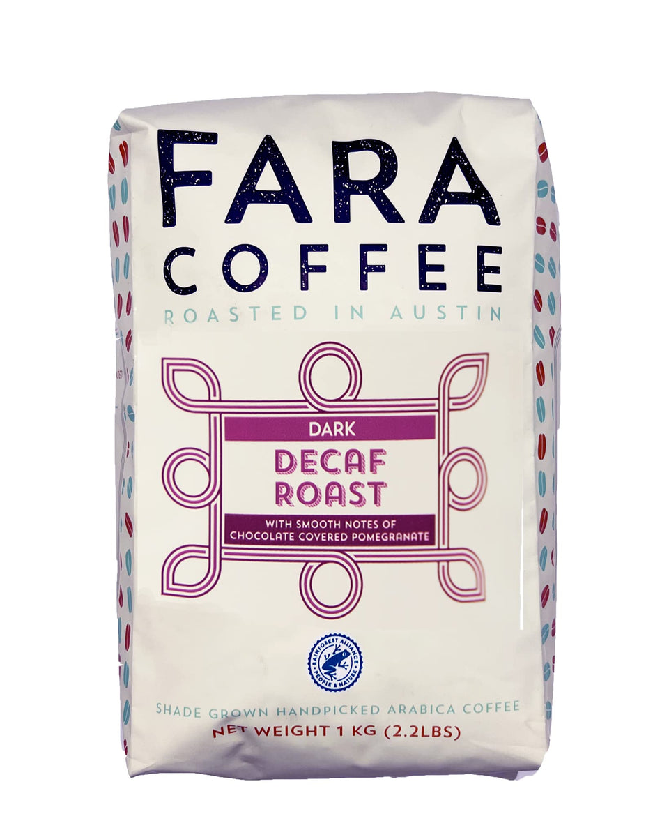 Fara Coffee whole bean decaf, medium/dark roast, 2.2 lb bag for home brewing.