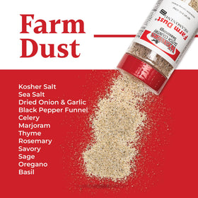 Farm Dust Seasoning pour action highlights easy even seasoning.