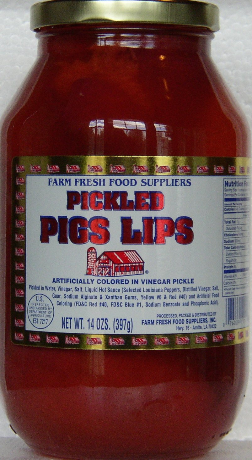 Farm Fresh Food Suppliers Pickled Pigs Lips front label, a ready-to-use 14 oz jar for pantry storage.