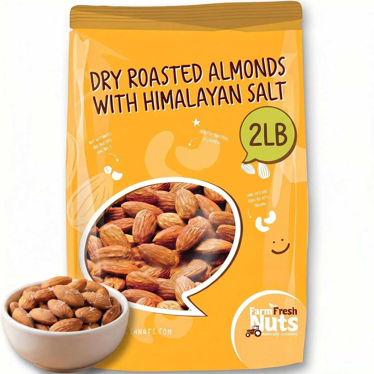 Farm Fresh Nuts almond front-pack shows premium dry-roasted almonds for a quick snack.