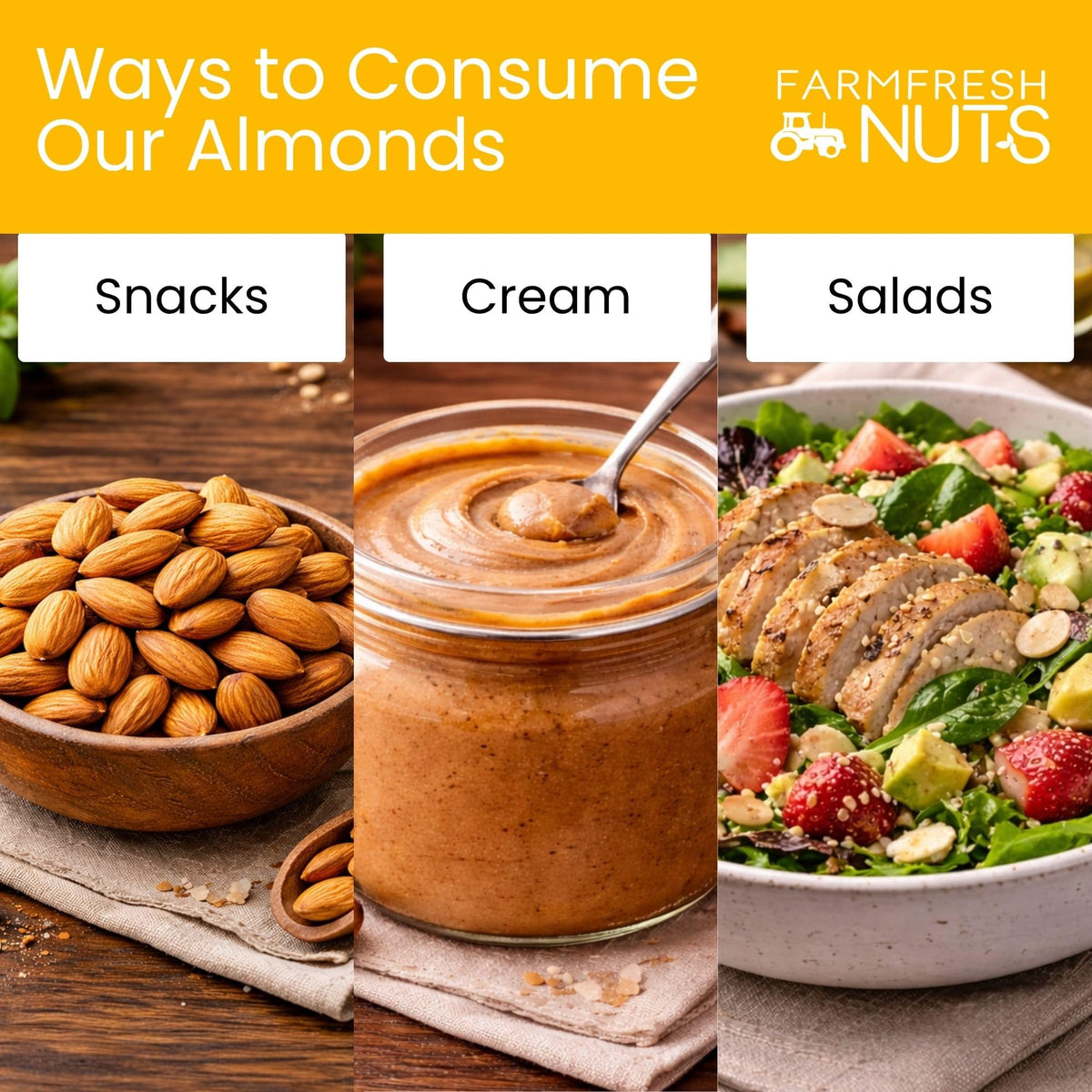 Farm Fresh Nuts almonds in a bowl suggest easy, protein-rich everyday snack.
