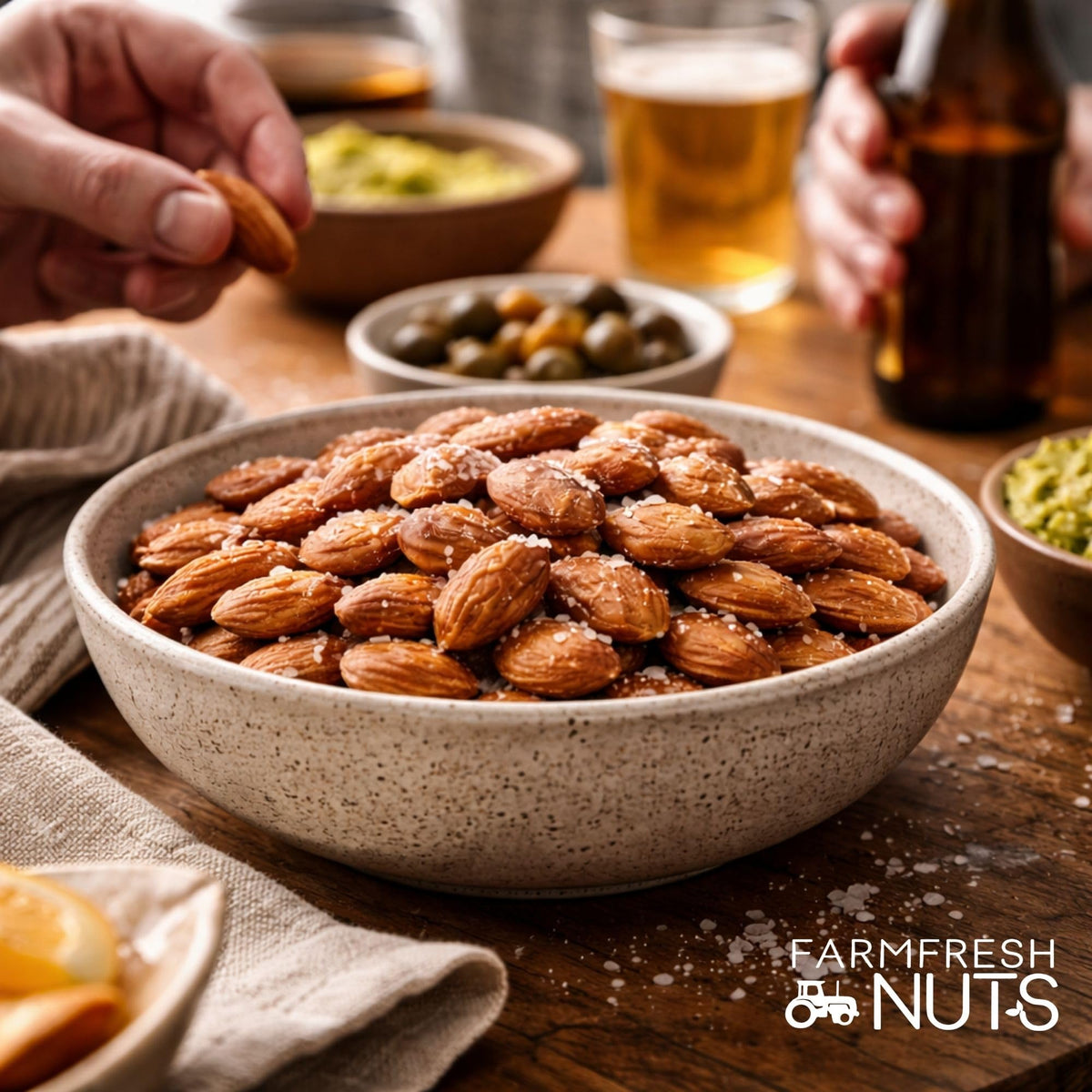Farm Fresh Nuts kitchen counter setup conveys freshness and trust.