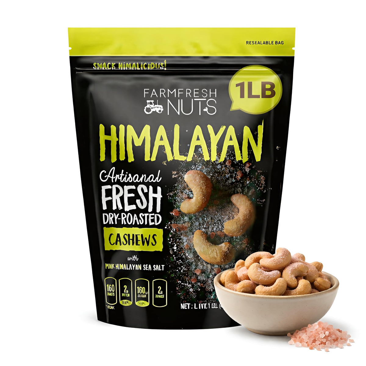 Farm Fresh Nuts dry roasted cashews with Himalayan salt in a serving bowl, ready to enjoy.