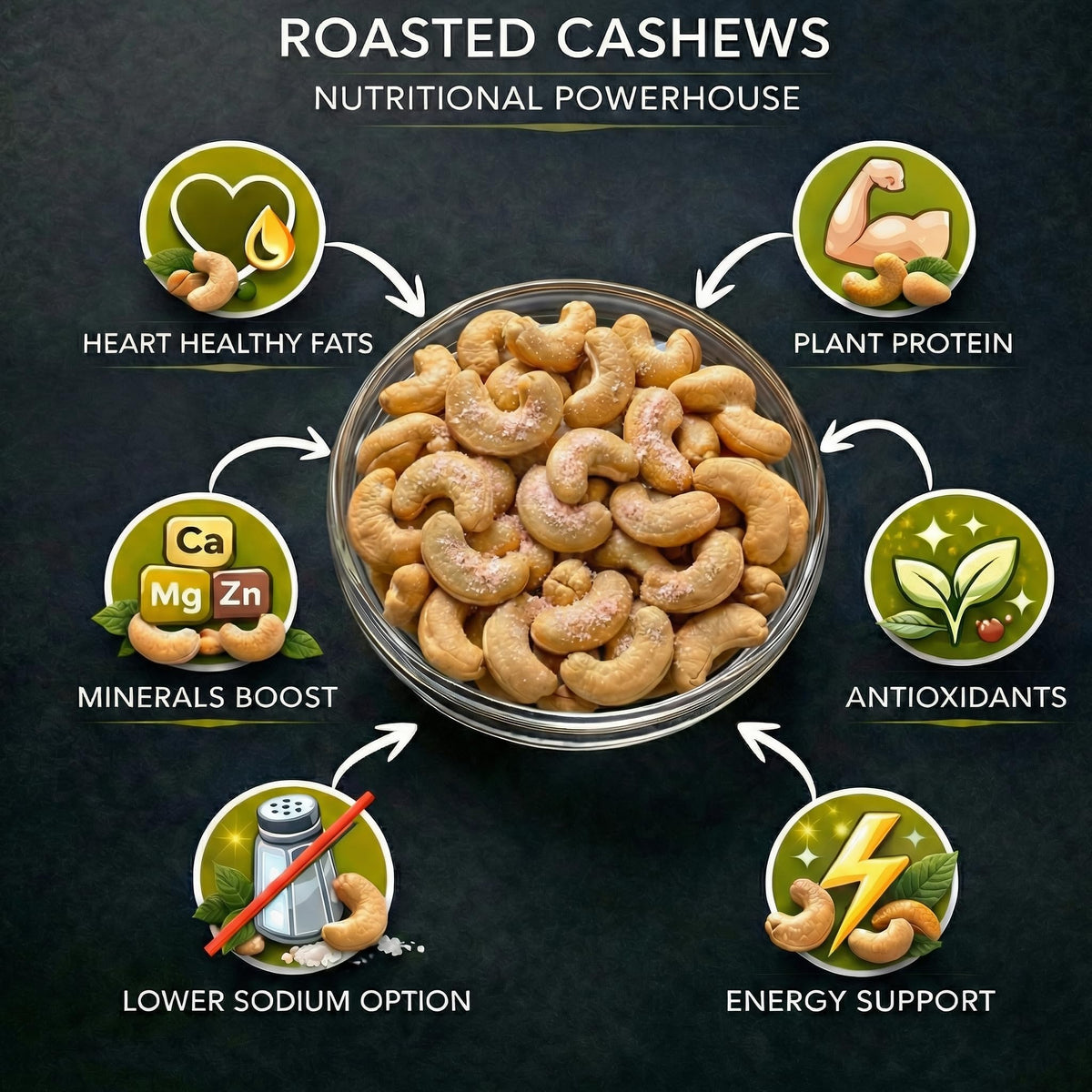 Farm Fresh Nuts oven-roasted cashews—oil-free for a light, crisp bite.