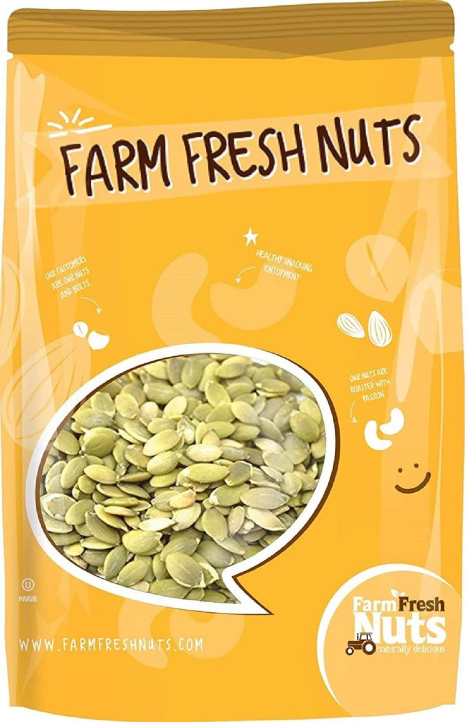 Farm Fresh Nuts dry roasted pepitas 2-lb bag showcasing fresh crunch