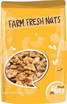 Farm Fresh Nuts walnuts halves and pieces in a 1 lb bag, ideal for snacking.