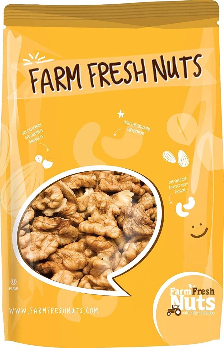 Farm Fresh Nuts walnuts halves and pieces in a 1 lb bag, ideal for snacking.