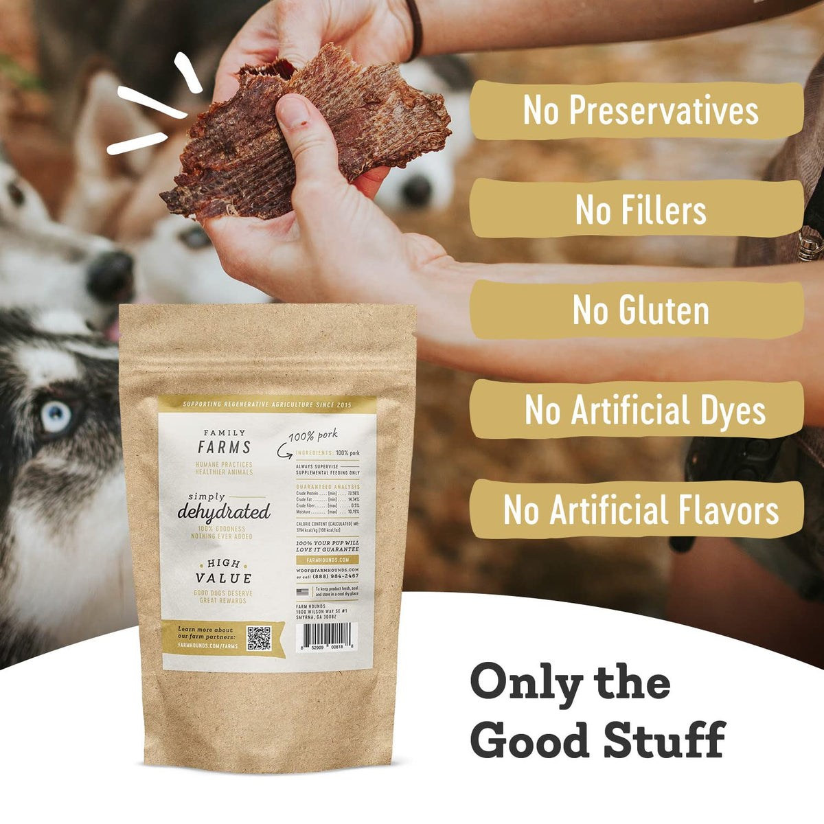 Farm Hounds pasture-raised pork imagery signaling premium ingredients.