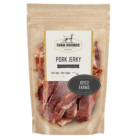 Farm Hounds pork jerky front-pack shows convenient 3.5 oz bag for training rewards.