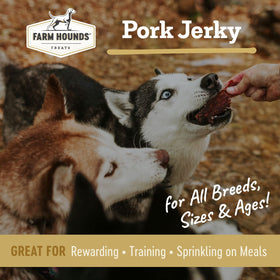 Farm Hounds pork jerky strips close-up highlights natural chew texture.