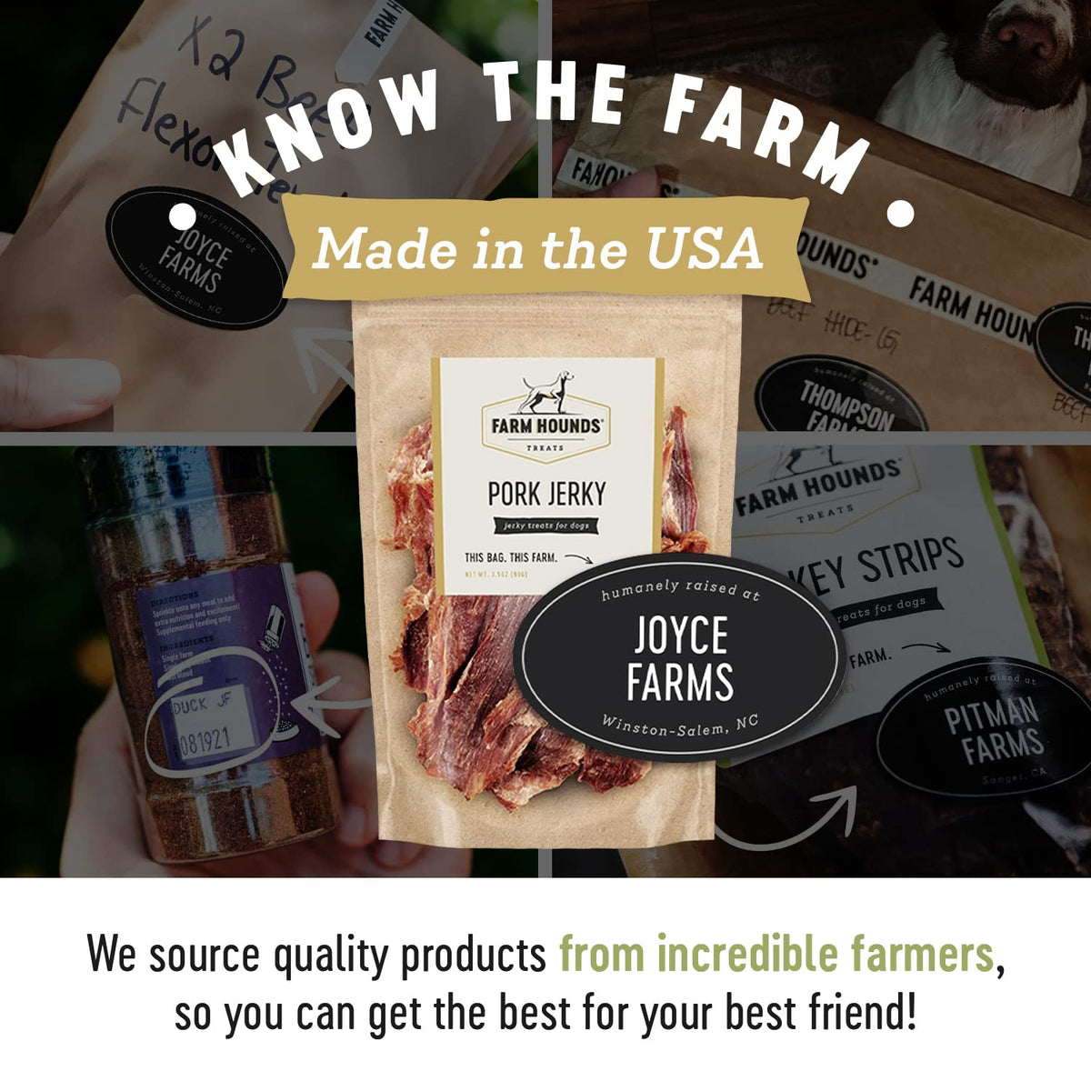 Farm Hounds USA-made label emphasizing humane sourcing from American farms.