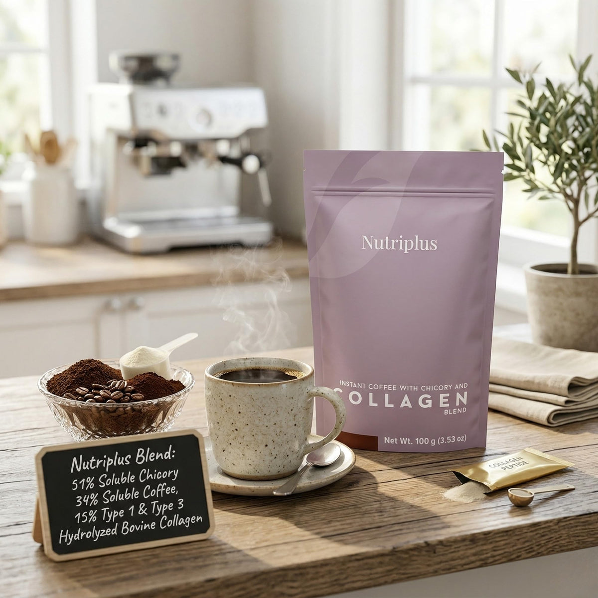 FARMASi Nutriplus dissolving into hot water for a quick cup