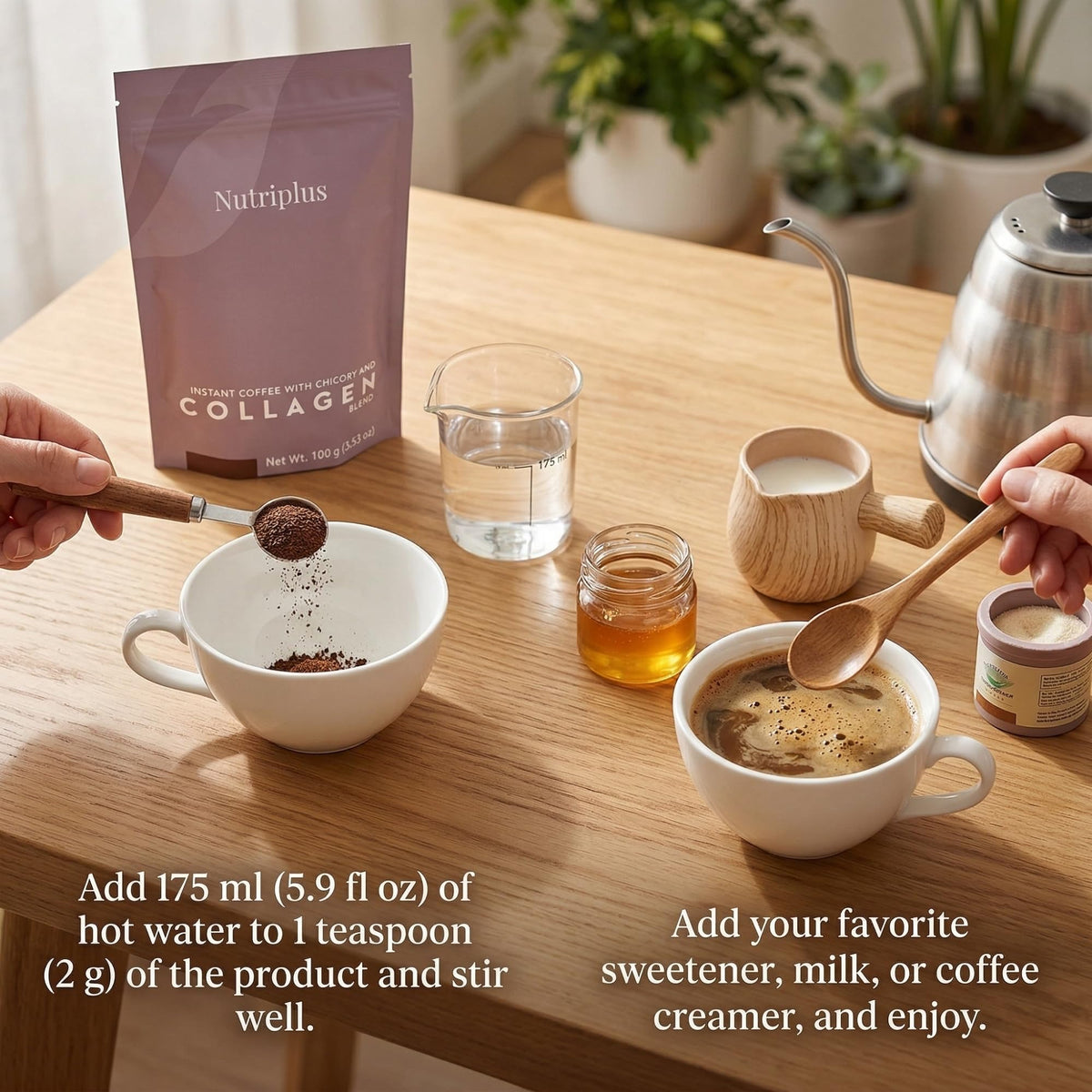 FARMASi Nutriplus iced coffee setup for hot or cold serving