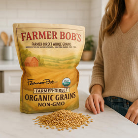Farmer Bob's oat groats bulk bag ready for easy bulk cooking