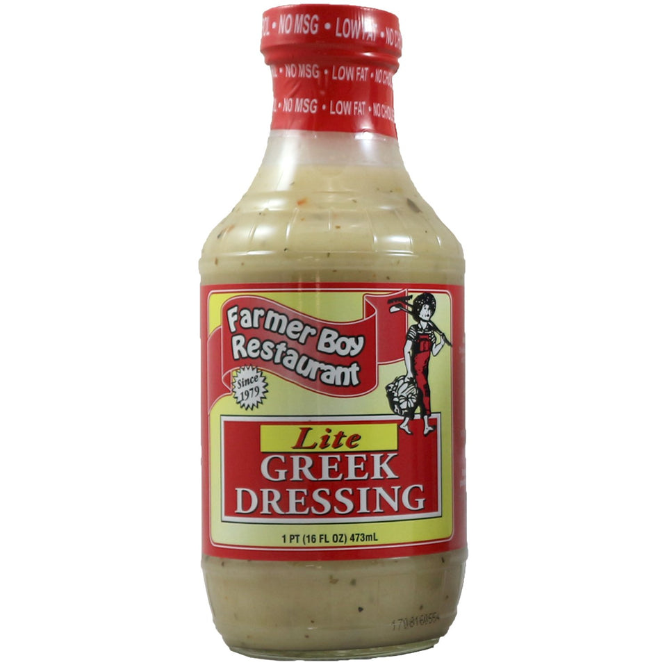 Farmer Boy Greek Lite Dressing bottle for fresh salads with bold flavor