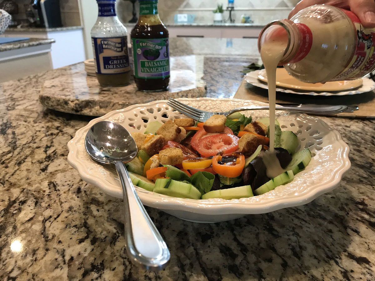 Farmer Boy Greek Lite Dressing drizzle over roasted vegetables