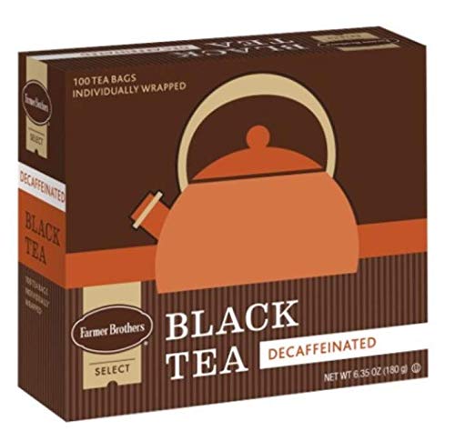 Close-up of Farmer Brothers decaf tea bags showing the Perfecta envelope for lasting flavor.
