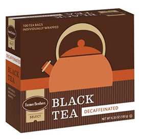 Close-up of Farmer Brothers decaf tea bags showing the Perfecta envelope for lasting flavor.