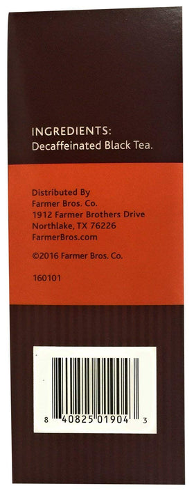 A ready-to-brew cup of Farmer Brothers decaf tea after 3–5 minutes steeping.
