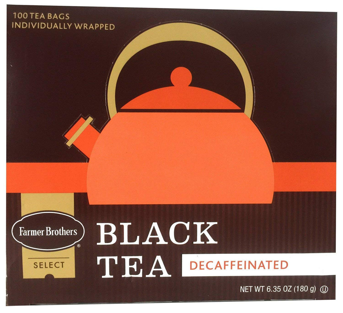 Farmer Brothers Select Decaf Black Tea box with 100 individually wrapped bags for freshness.