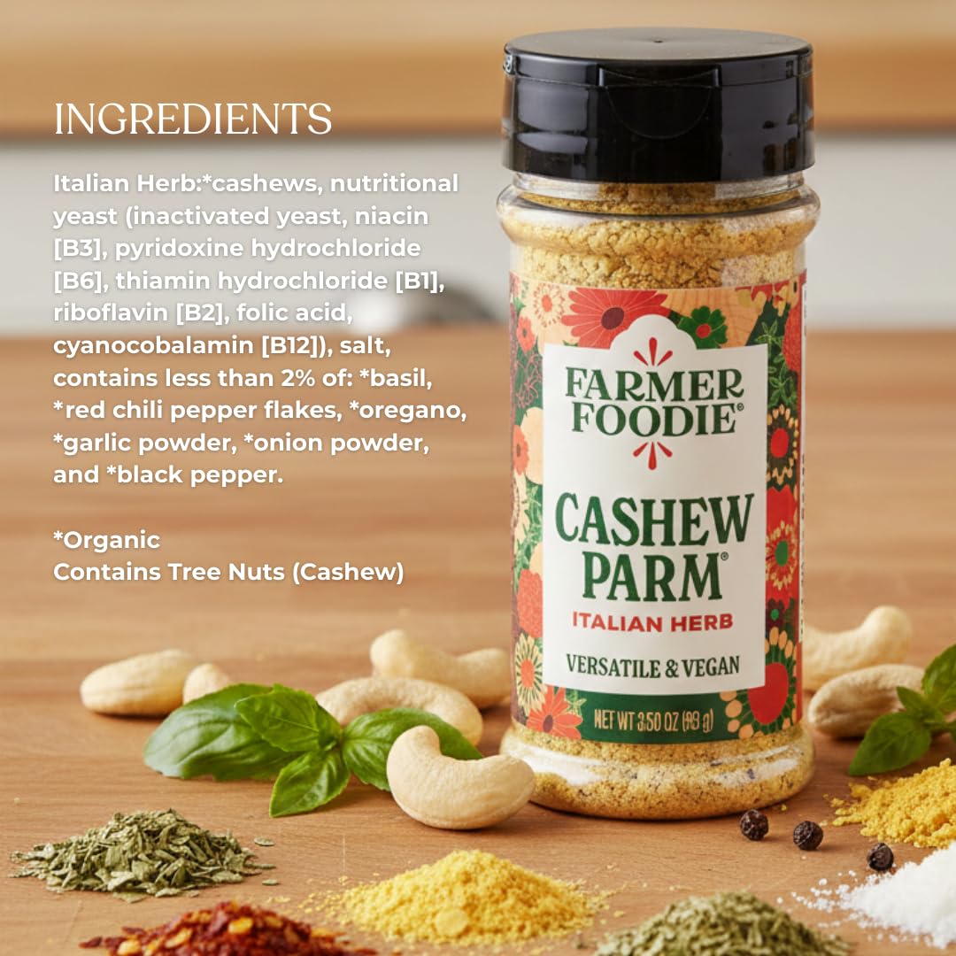 Farmer Foodie Cashew Parm close-up highlights savory dairy-free parmesan flavor