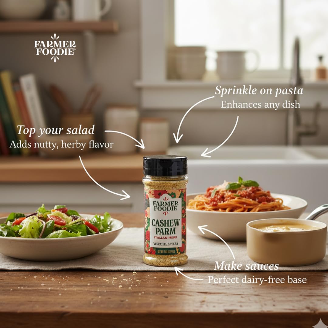 Farmer Foodie Salad veggies dusting illustrates easy plant-based parmesan lift on greens