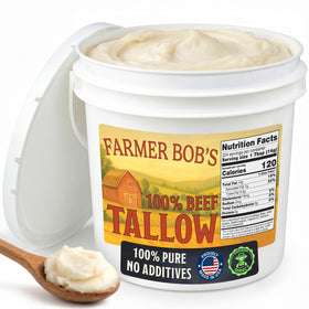 Farmer Bob's Beef Tallow 7lb bucket front view for high-heat cooking and long shelf life.