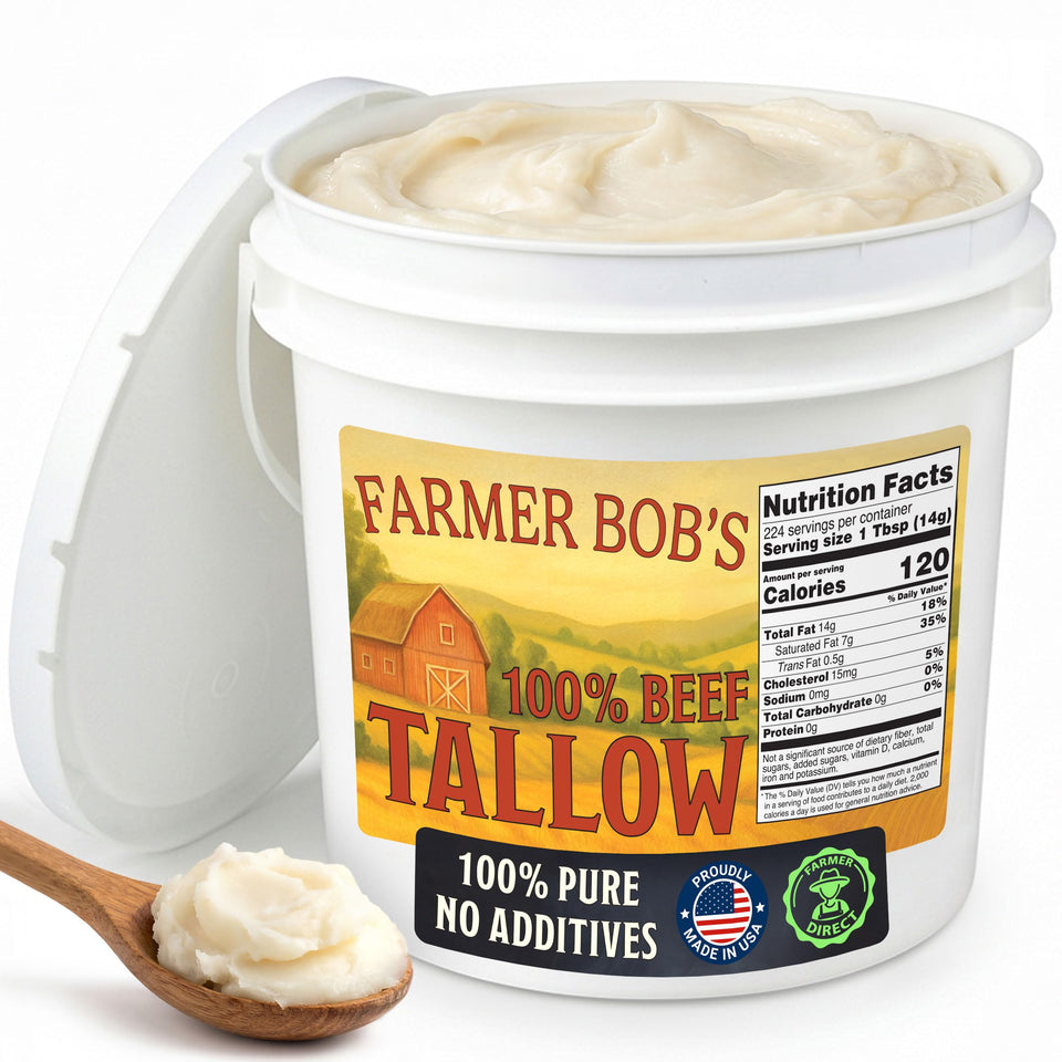 Farmer Bob's Beef Tallow 7lb bucket front view for high-heat cooking and long shelf life.