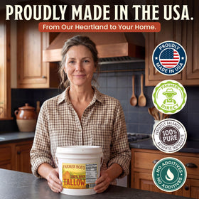 Farmer Bob's Beef Tallow frying on stove demonstrates high-heat performance.