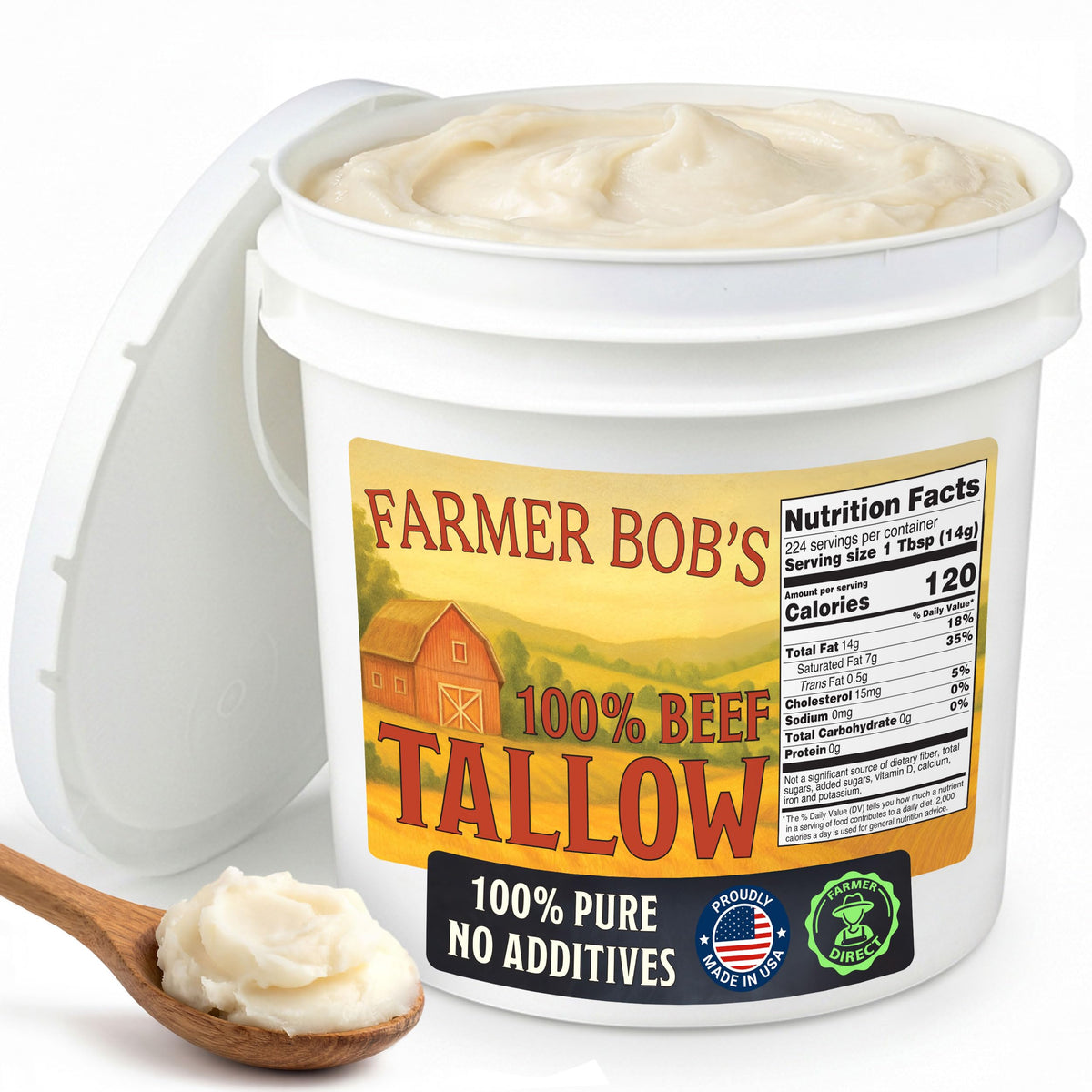 Farmer Bob's Beef Tallow jar on the counter, a keto-friendly cooking fat option.