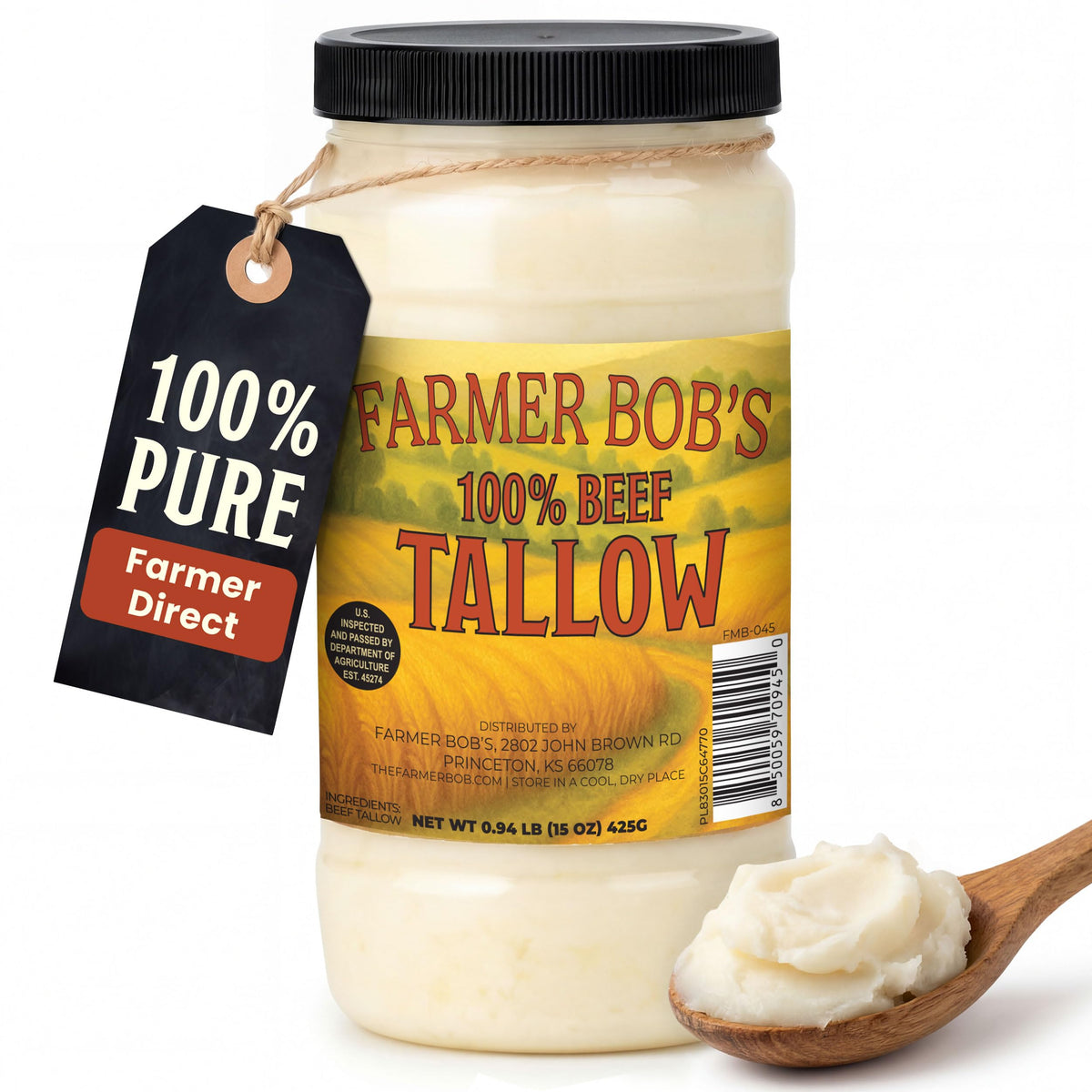 Farmer Bob's Beef Tallow jar front, ideal for high-heat searing and rich flavor.