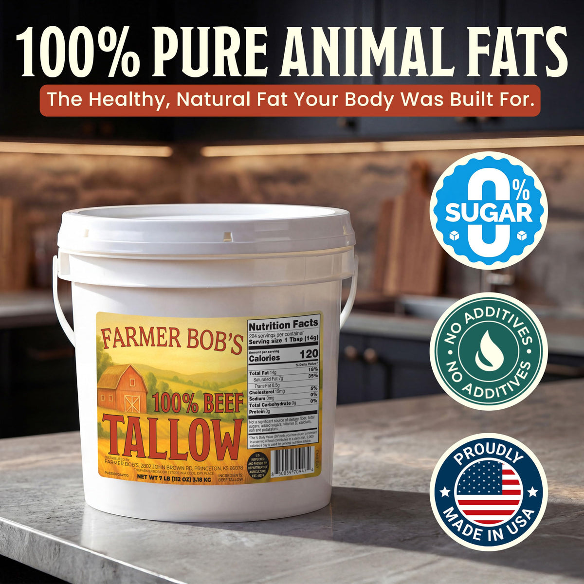Farmer Bob's Beef Tallow label closeup, zero additives for clean cooking.