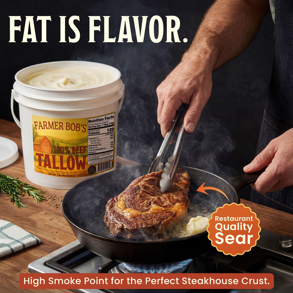 Farmer Bob's Beef Tallow label close-up emphasizes USA-rendered, additive-free fat.