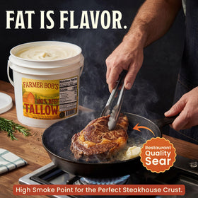 Farmer Bob's Beef Tallow label close-up emphasizes USA-rendered, additive-free fat.