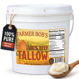 Farmer Bob's Beef Tallow storage cabinet shows shelf-stable fat ready to use.
