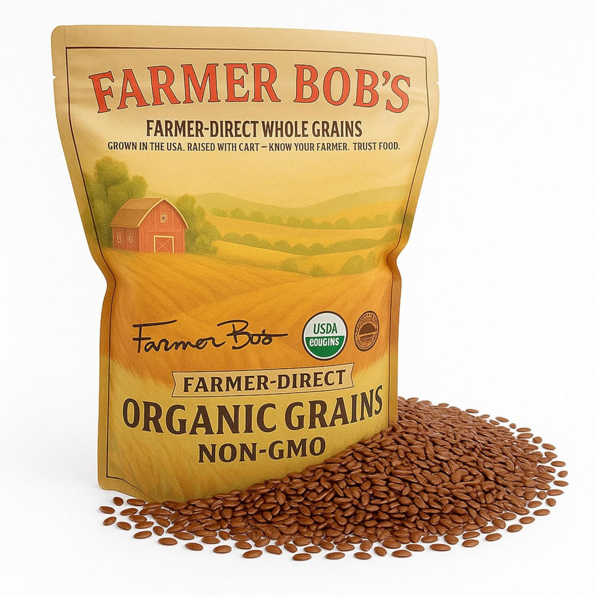 Farmer Bob's Organic Flax Seed in a brown bag; ideal for nutrient-dense smoothies