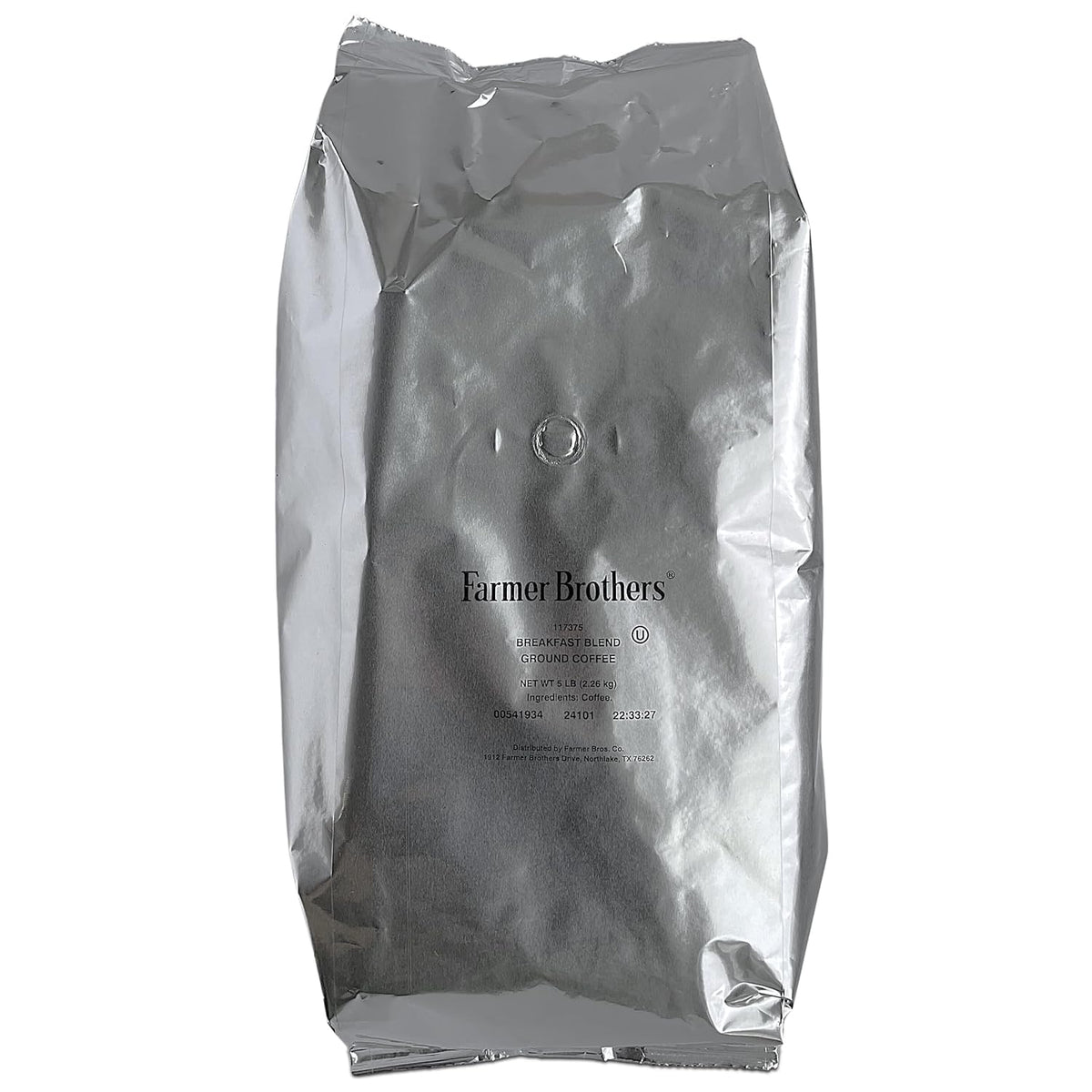 Farmer Brothers Breakfast Blend ground coffee in a 5 lb bag delivers smooth, balanced aroma.