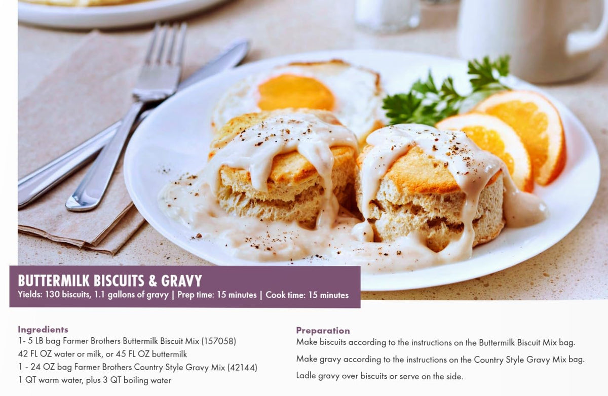 Farmer Brothers gravy mix served over biscuits for quick comfort meals
