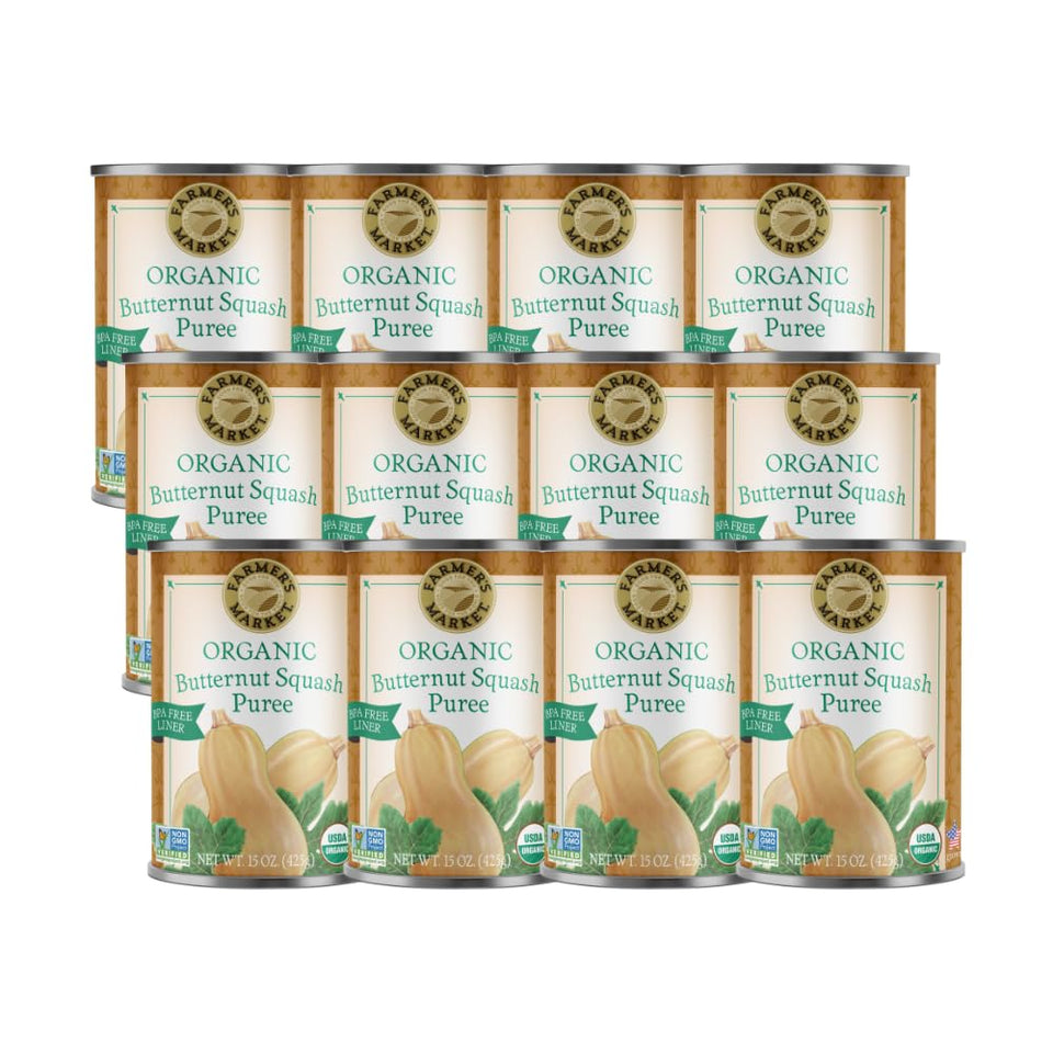 FARMER'S MARKET Organic Butternut Squash Puree jar on kitchen counter, convenient 15 oz size.
