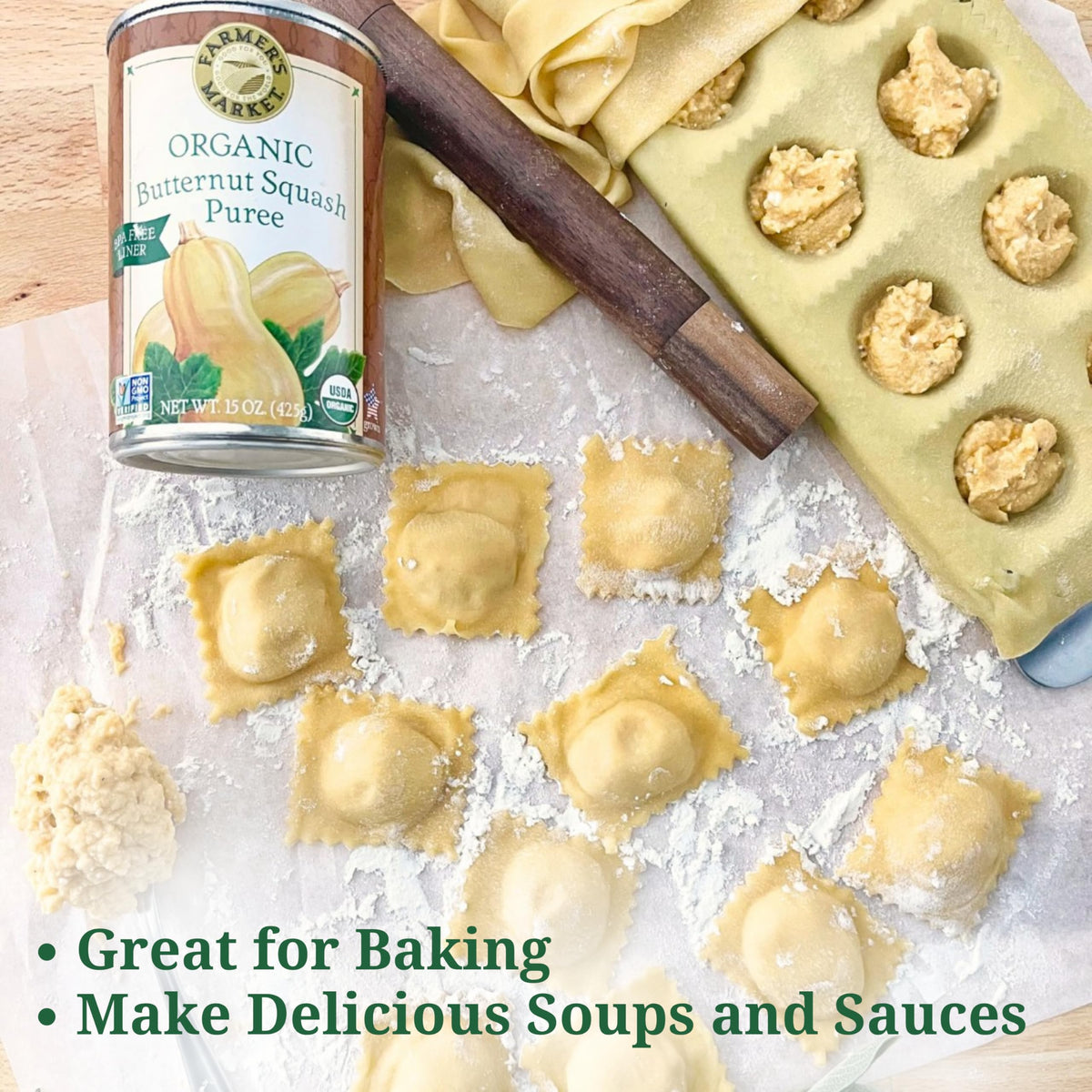 FARMER'S MARKET Organic Butternut Squash Puree jar with label, ideal for quick family meals.