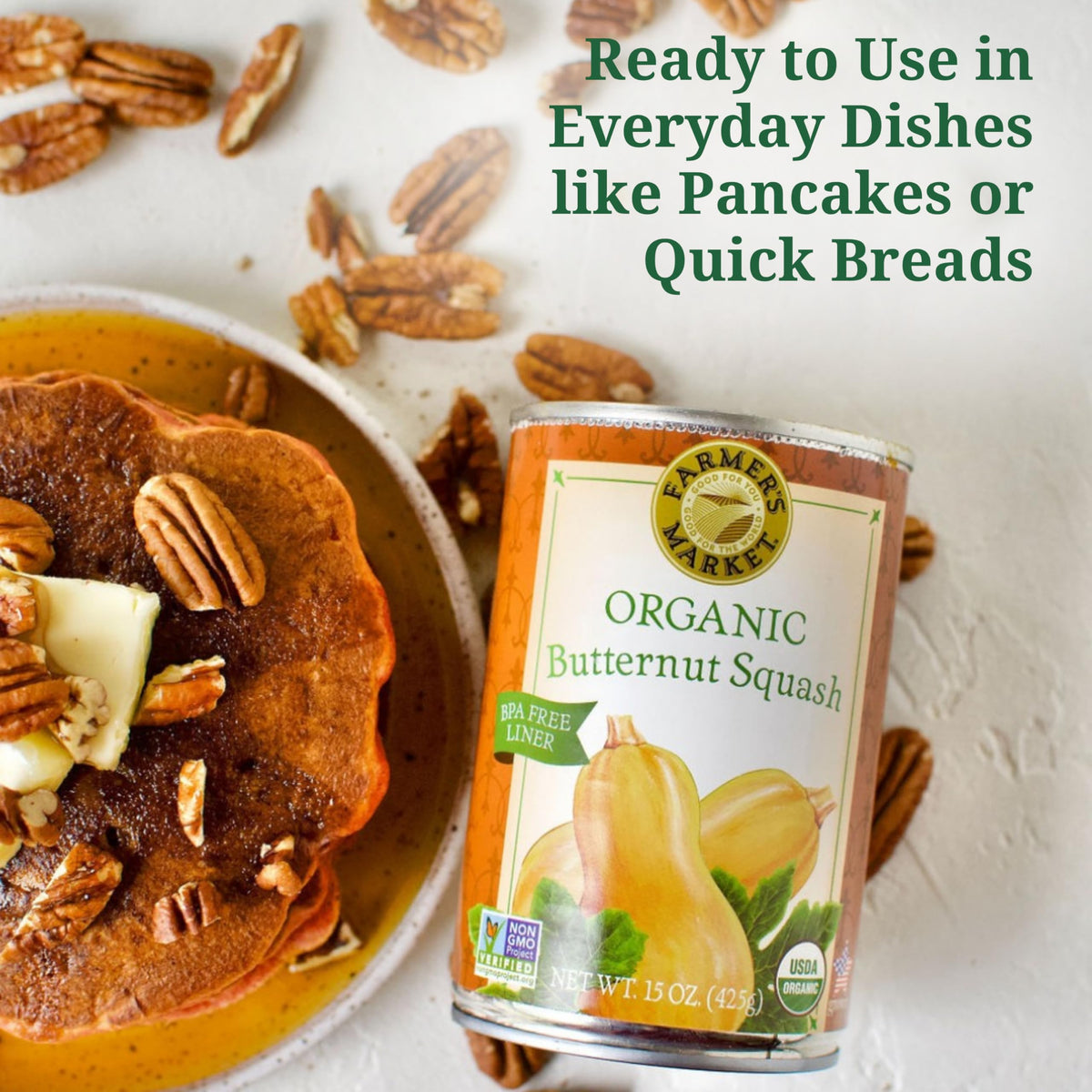 FARMER'S MARKET Organic Butternut Squash Puree with smooth texture, ideal for mashing or mixing.